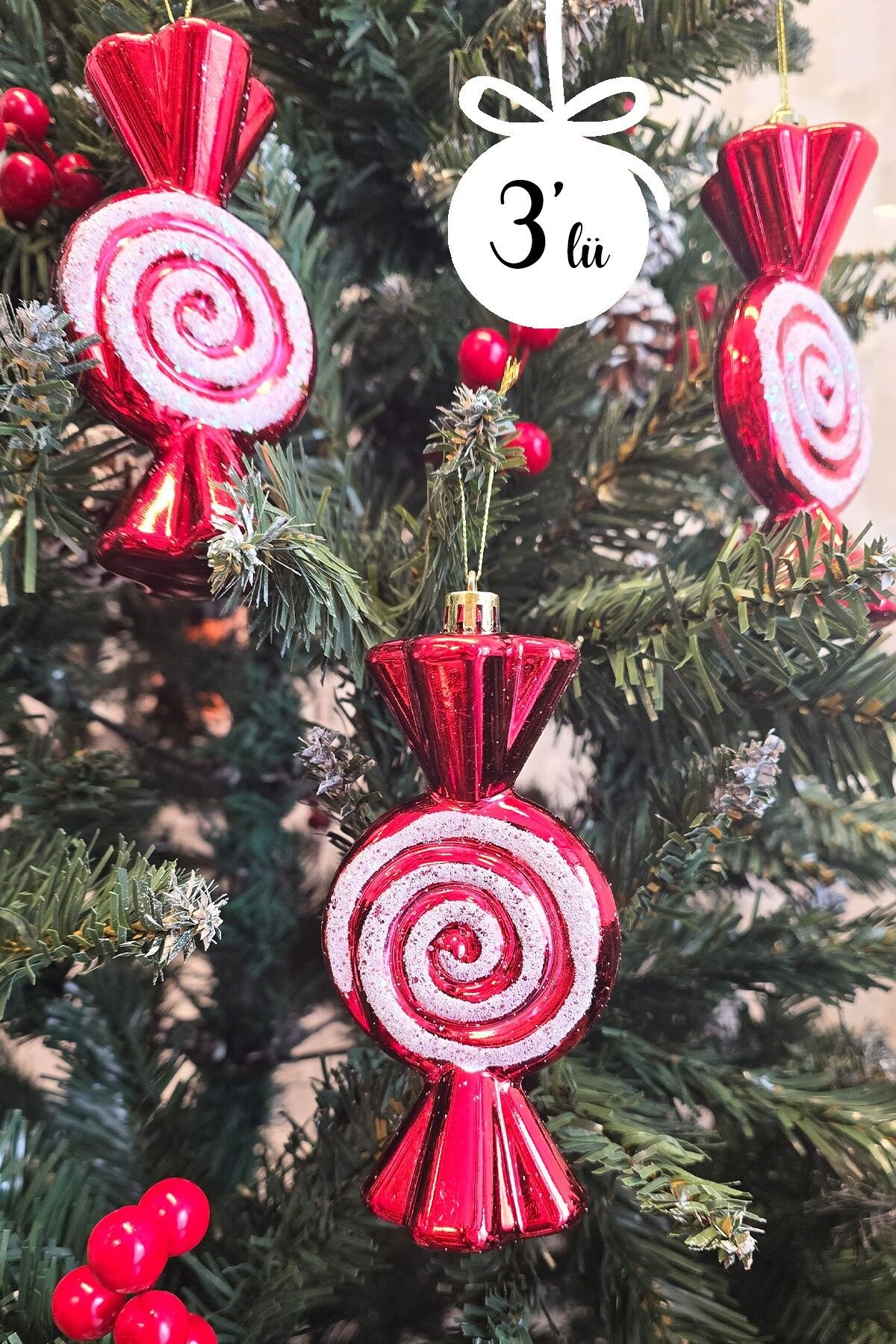 Büyük Boy Fiyonk Şeker Paketi Yılbaşı Ağaç Süsü 3lü Paket