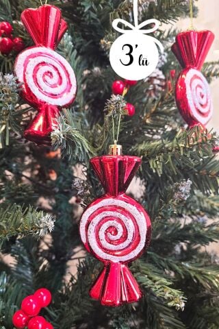 Büyük Boy Fiyonk Şeker Paketi Yılbaşı Ağaç Süsü 3lü Paket