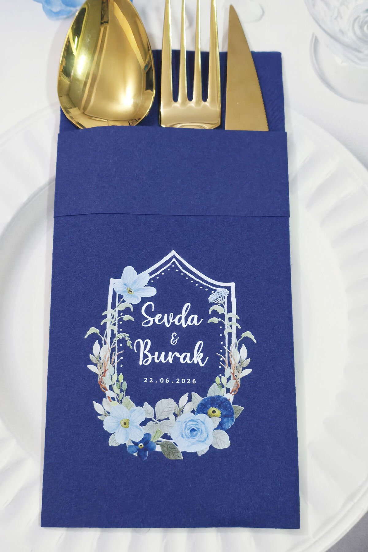 Kumaş Dokulu Cepli Lacivert Peçete Mavi Çiçekler Konsept