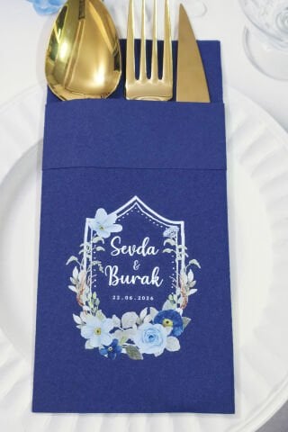 Kumaş Dokulu Cepli Lacivert Peçete Mavi Çiçekler Konsept