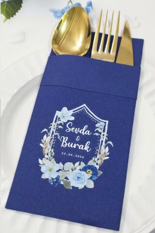 Kumaş Dokulu Cepli Lacivert Peçete Beyaz Çiçekler Konsept