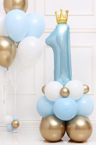 Taçlı 1 Rakam Folyo Balon 1 Yaş Balonu Gold Taçlı MAVİ 90cm