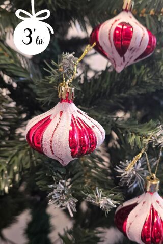 Kırmızı Beyaz Bombeli Toplar Yılbaşı Ağaç Süsü 3lü Paket Çam Ağacı Süsleri