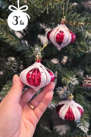 Kırmızı Beyaz Bombeli Toplar Yılbaşı Ağaç Süsü 3lü Paket Çam Ağacı Süsleri