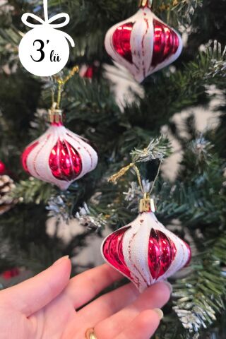 Kırmızı Beyaz Bombeli Toplar Yılbaşı Ağaç Süsü 3lü Paket Çam Ağacı Süsleri