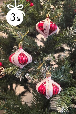 Kırmızı Beyaz Bombeli Toplar Yılbaşı Ağaç Süsü 3lü Paket Çam Ağacı Süsleri
