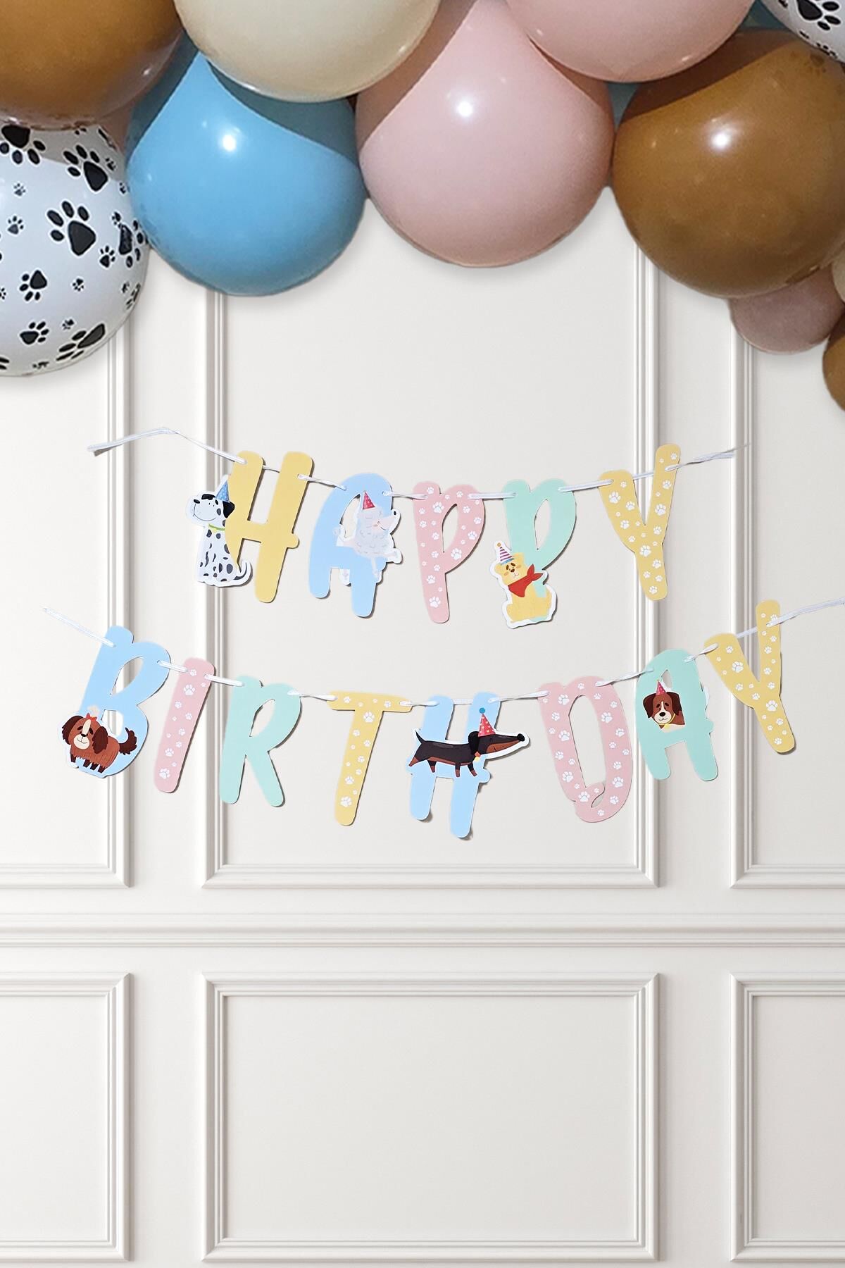 Sevimli Köpekler Happy Birthday Banner Parti Süsleri İpe Dizili Duvar Süsü