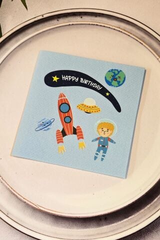 Uzay Tema Doğum Günü Peçetesi Mavi Kare Kumaş Dokulu Peçete 12 Adet