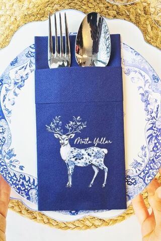 Kumaş Dokulu Lacivert Cepli Bleu Blanc Yılbaşı Geyik Desen Baskılı Peçete 6lı Paket