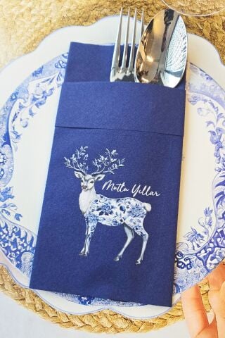 Kumaş Dokulu Lacivert Cepli Bleu Blanc Yılbaşı Geyik Desen Baskılı Peçete 6lı Paket