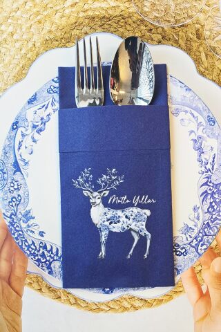 Kumaş Dokulu Lacivert Cepli Bleu Blanc Yılbaşı Geyik Desen Baskılı Peçete 6lı Paket