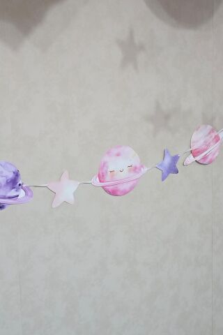 Pembe Uzay Gezegenler Banner Kız Uzay Tema Doğum Günü Süsleri İpe Dizili Kartlar Duvar Süsü