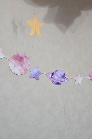 Pembe Uzay Gezegenler Banner Kız Uzay Tema Doğum Günü Süsleri İpe Dizili Kartlar Duvar Süsü