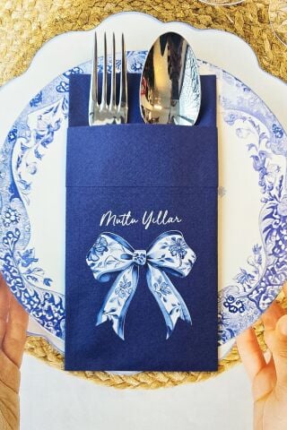 Kumaş Dokulu Lacivert Cepli Bleu Blanc Fiyonk Tasarım 6lı Paket