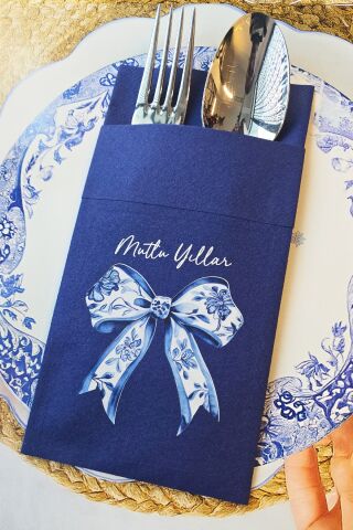 Kumaş Dokulu Lacivert Cepli Bleu Blanc Fiyonk Tasarım 6lı Paket