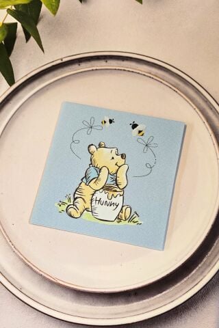 Winnie The Pooh Tema Doğum Günü Peçetesi Mavi Kare Kumaş Dokulu Peçete 12 Adet