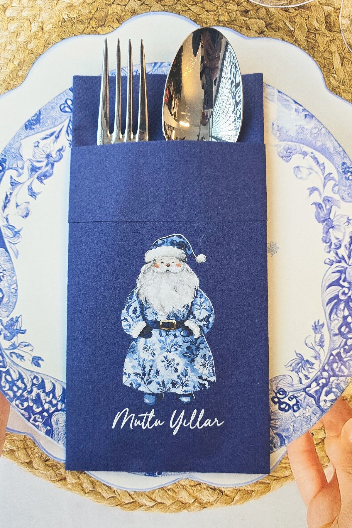 Kumaş Dokulu Lacivert Bleu Blanc Noel Baba Tasarım Cepli Yılbaşı Peçetesi 6lı Paket