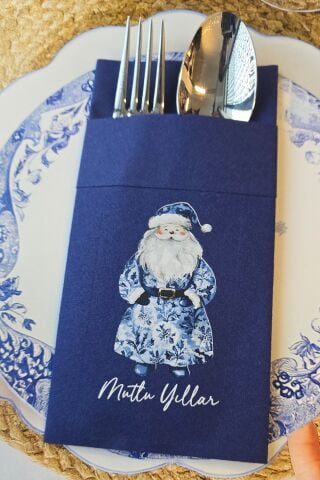 Kumaş Dokulu Lacivert Bleu Blanc Noel Baba Tasarım Cepli Yılbaşı Peçetesi 6lı Paket