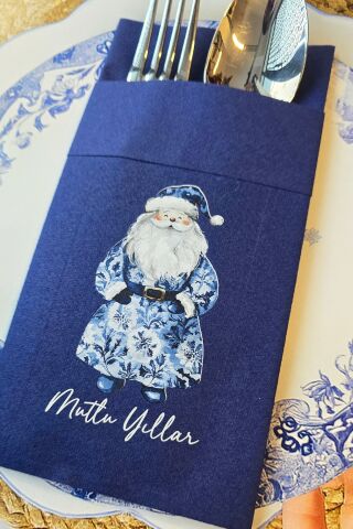 Kumaş Dokulu Lacivert Bleu Blanc Noel Baba Tasarım Cepli Yılbaşı Peçetesi 6lı Paket