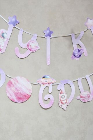 Pembe Uzay İyi Ki Doğdun Banner Kız Uzay Tema Doğum Günü Süsleri İpe Dizili Kartlar Duvar Süsü