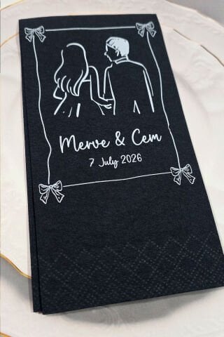 Gelin Damat Figürlü Konsept Kişiye Özel Siyah Peçete