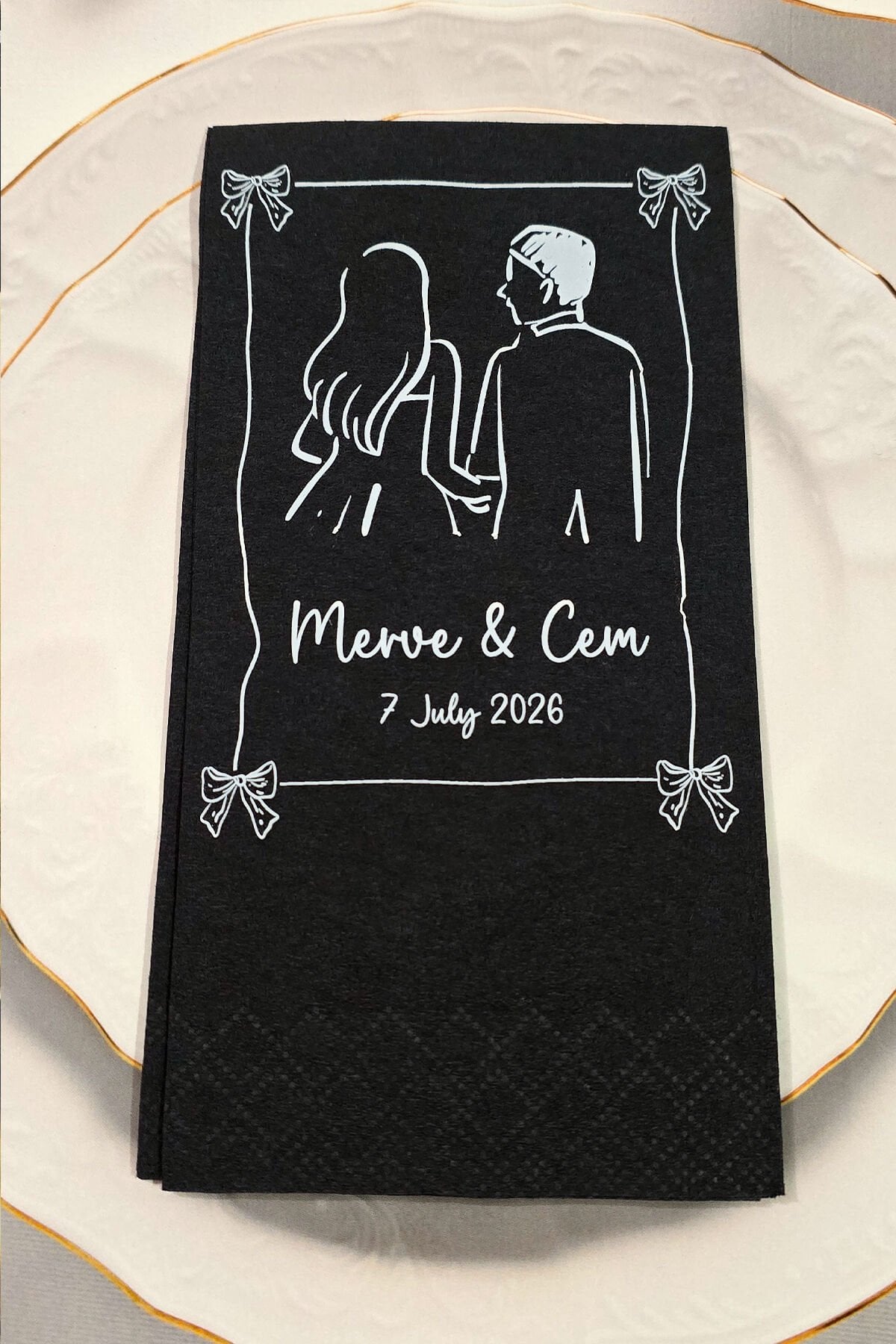 Gelin Damat Figürlü Konsept Kişiye Özel Siyah Peçete