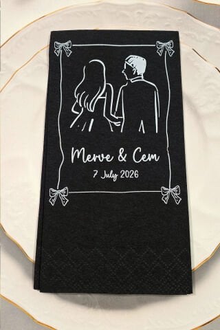 Gelin Damat Figürlü Konsept Kişiye Özel Siyah Peçete