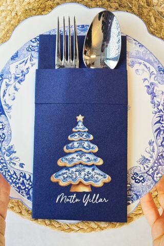Kumaş Dokulu Lacivert Bleu Blanc Yılbaşı Ağacı Tasarım Cepli Yılbaşı Peçetesi 6lı Paket