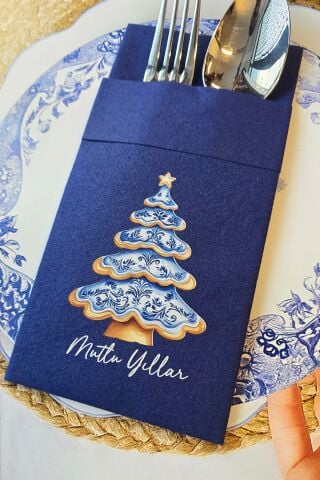 Kumaş Dokulu Lacivert Bleu Blanc Yılbaşı Ağacı Tasarım Cepli Yılbaşı Peçetesi 6lı Paket