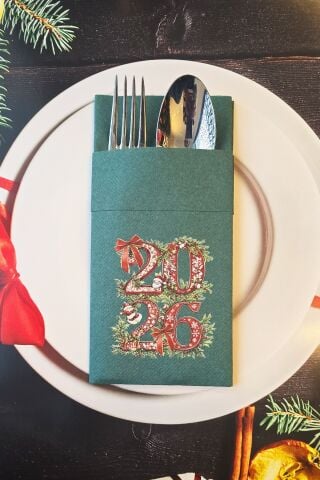 Kumaş Dokulu Yeşil 2026 Yazılı Yılbaşı Çiçekleri Tasarım Cepli Yılbaşı Peçetesi 6lı Paket