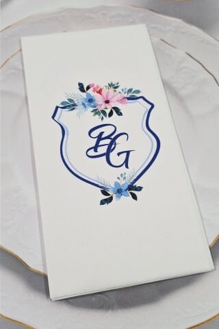 Mavi Çiçekler Baş Harf Konsept Baskılı Peçete