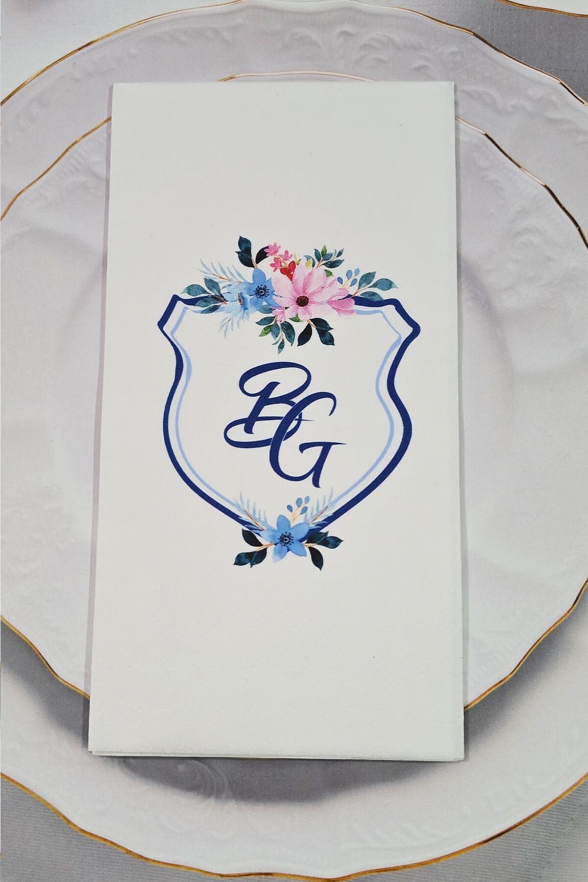 Mavi Çiçekler Baş Harf Konsept Baskılı Peçete