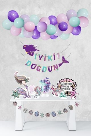 Deniz Kızı Konsept Parti Seti Masa Üstü Panolar Banner Balon Zinciri Yapımı Seti