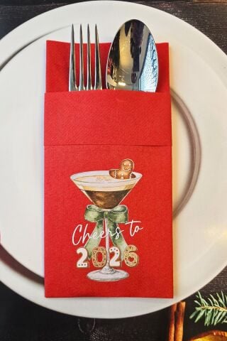 Kumaş Dokulu Kırmızı Kadehte Kurabiye Adam Tasarım Cepli Yılbaşı Peçetesi 6lı Paket