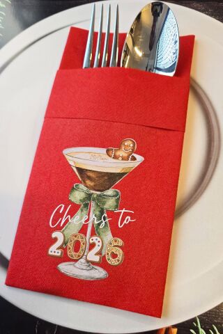 Kumaş Dokulu Kırmızı Kadehte Kurabiye Adam Tasarım Cepli Yılbaşı Peçetesi 6lı Paket