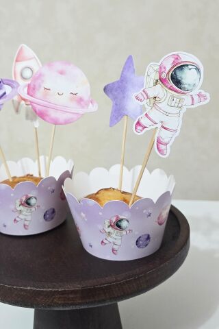 PEMBE Uzay Konsept Cupcake Sargısı 10'lu Pembe Uzay Kız Tema