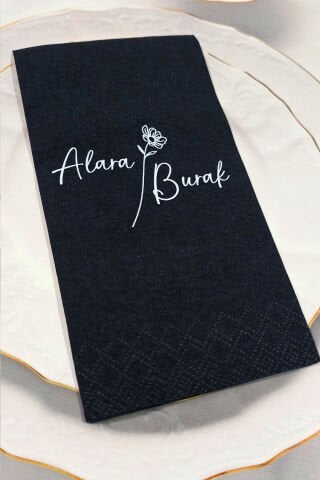 İsim Baskılı Konsept Kişiye Özel Siyah Peçete