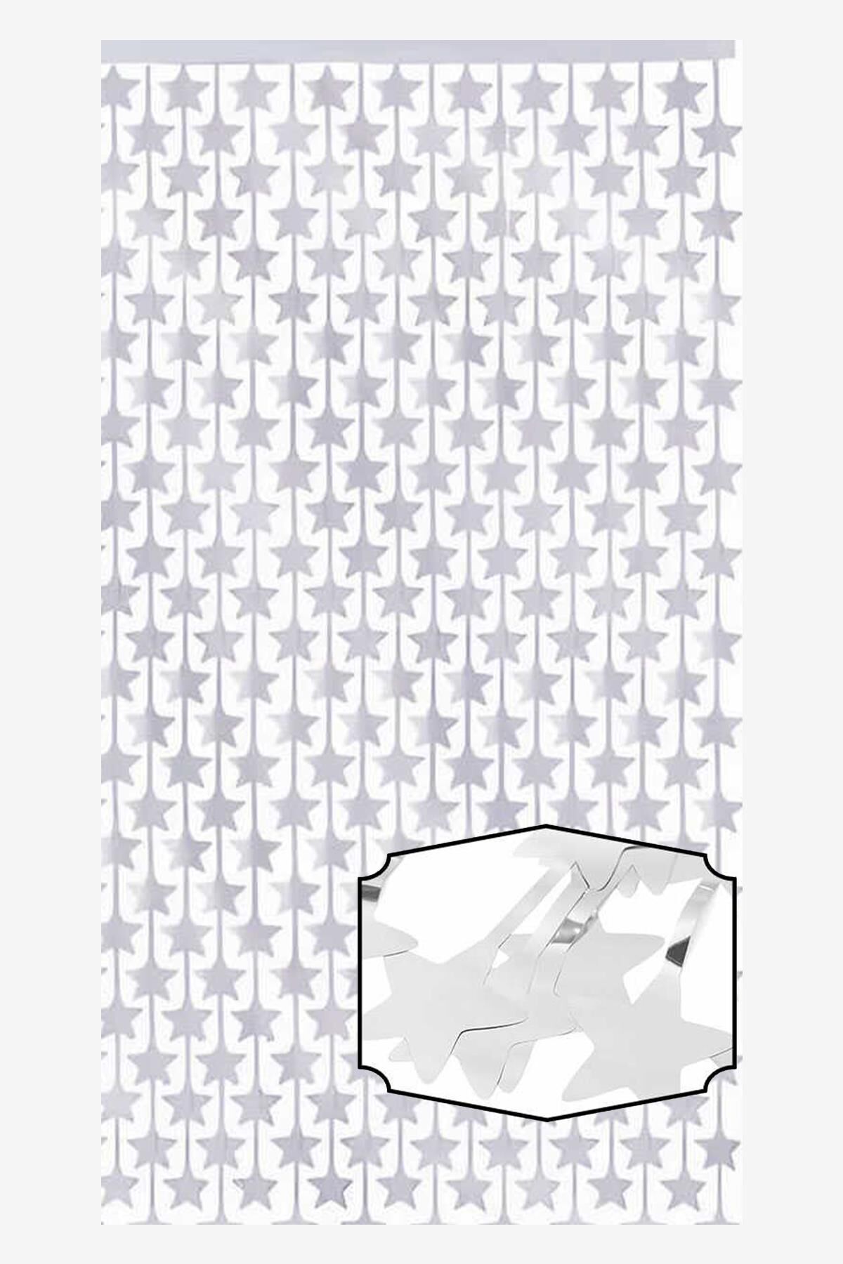 Yıldız Şekilli Gümüş Fon Perdesi Yılbaşı Doğum Günü Fon Kapı Perdesi Parlak Gümüş