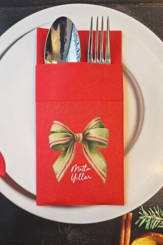 Kumaş Dokulu Kırmızı Zarif Yeşil Fiyonk Tasarım Cepli Yılbaşı Peçetesi 6lı Paket