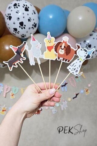 Sevimli Köpekler Tema Kürdan Süsleri Cupcake Süsleri Lüks Büyük Boy 10lu Paket