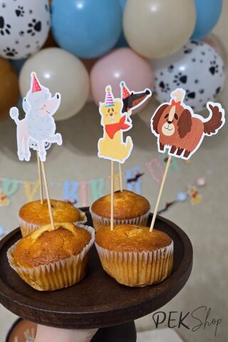 Sevimli Köpekler Tema Kürdan Süsleri Cupcake Süsleri Lüks Büyük Boy 10lu Paket