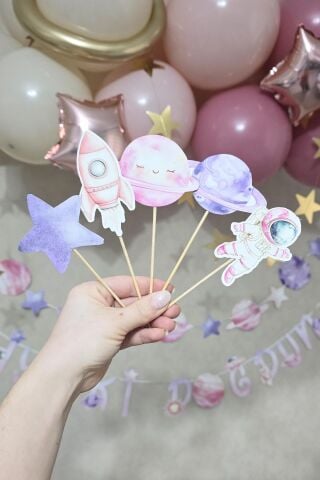 PEMBE Uzay Tema Kürdan Süsleri Cupcake Süsleri Lüks Büyük Boy 10lu Paket