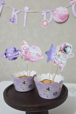 PEMBE Uzay Tema Kürdan Süsleri Cupcake Süsleri Lüks Büyük Boy 10lu Paket