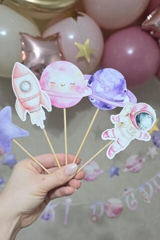 PEMBE Uzay Tema Kürdan Süsleri Cupcake Süsleri Lüks Büyük Boy 10lu Paket