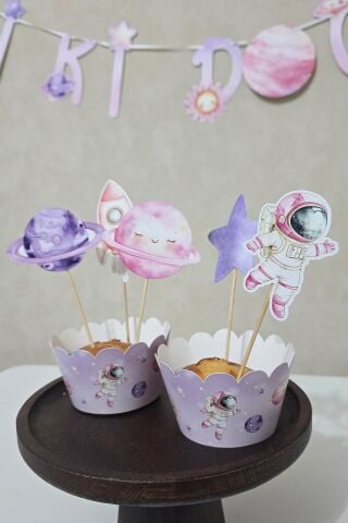 PEMBE Uzay Tema Kürdan Süsleri Cupcake Süsleri Lüks Büyük Boy 10lu Paket