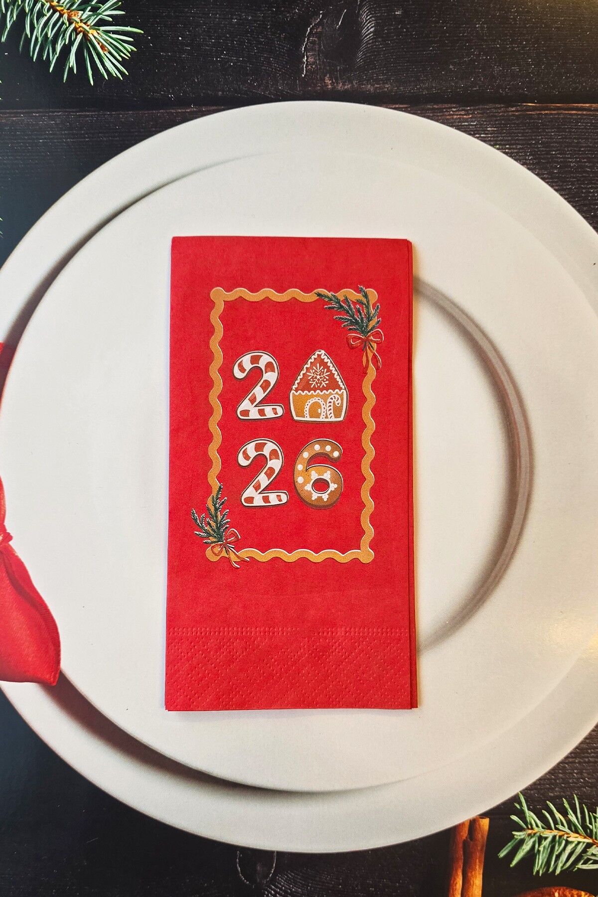 2026 Yılbaşı Kurabiye Evi Tasarım Kırmızı Yılbaşı Peçetesi 12li