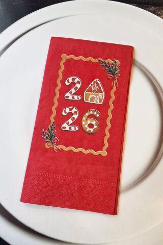 2026 Yılbaşı Kurabiye Evi Tasarım Kırmızı Yılbaşı Peçetesi 12li