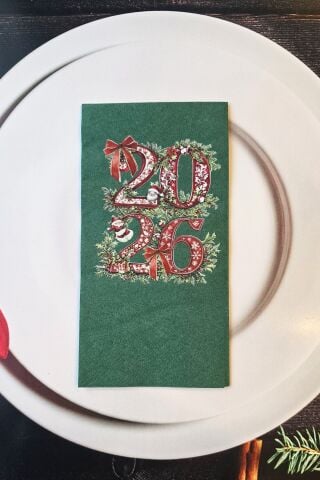 2026 Yazılı Yılbaşı Çiçekleri Tasarım Yeşil Yılbaşı Peçetesi 12li Paket