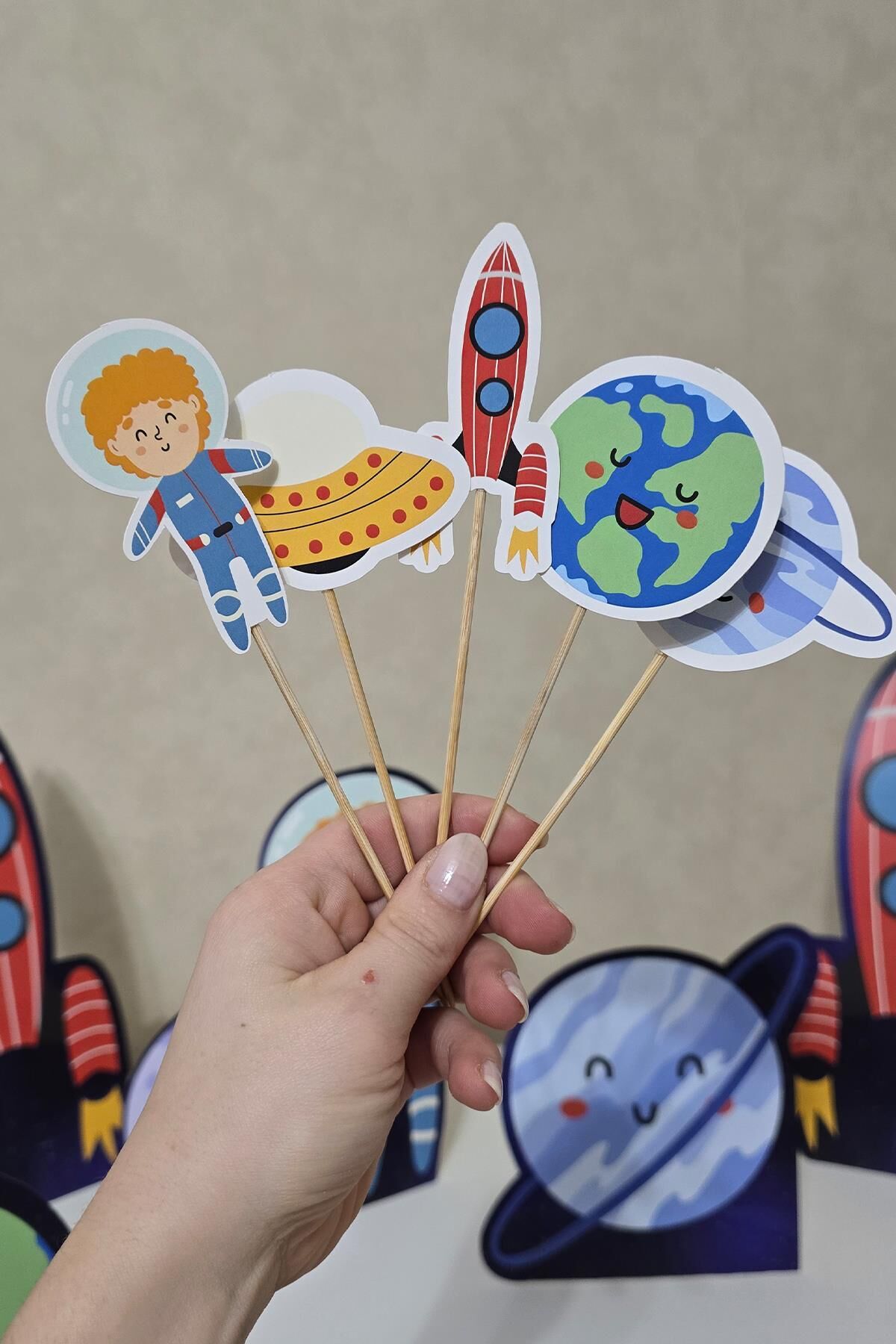 Uzay Tema Kürdan Süsleri Cupcake Süsleri Lüks Büyük Boy 10lu Paket