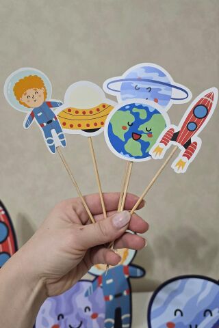 Uzay Tema Kürdan Süsleri Cupcake Süsleri Lüks Büyük Boy 10lu Paket